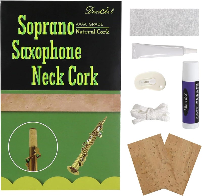 Danchet Saxophone Accessories,Soprano Sax Cork Replacement Kit,2 pcs Saxophone Cork, Glue, Cork Grease, Knife, Taping, and Sandpaper - Image 1